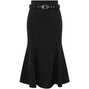 Women's Black Pull On Elegant Fishtail Waist Belted Work Mermaid Midi Skirt